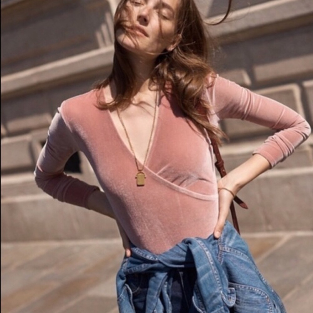 Madewell velvet faux wrap bodysuit in dusty rose